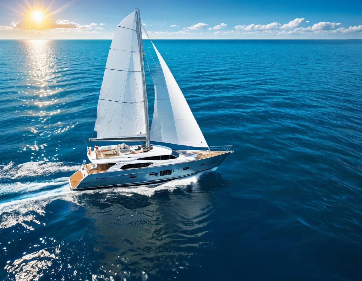 A luxurious yacht sailing on crystal-clear blue waters, surrounded by sparkling waves and a bright sun in a clear sky. Overlayed are visual elements such as animated policy documents and protective shields symbolizing security and investment protection. The scene conveys tranquility and wealth, appealing to yacht owners' aspirations. super-realistic. vibrant colors. 3D.