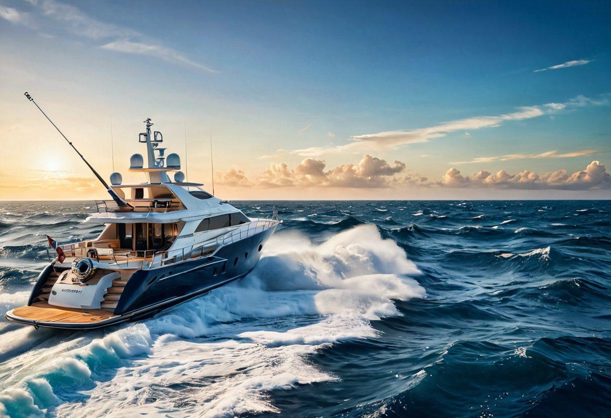 A luxurious yacht navigating through dynamic ocean waves, with a telescope pointing towards a distant horizon, symbolizing exploration and safety. Incorporate elements of marine insurance, such as policy documents floating on the water, and a compass signifying guidance through risks. The scene should convey a sense of adventure balanced with protection. super-realistic. vibrant colors. dynamic waves.